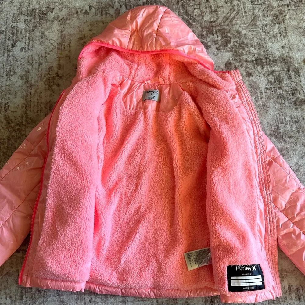 Hurley Pink Hooded Puffer Jacket Girls Sz Large (12-13 Years) Sherpa‎ Lined